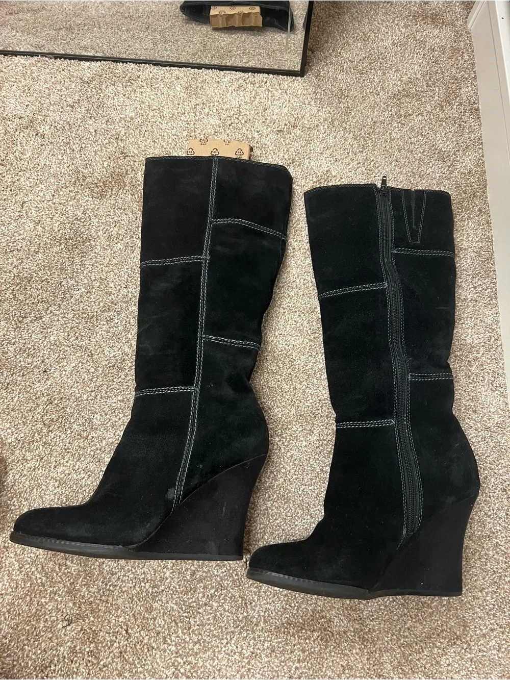 Genuine Stylish black suede knee boots with a comfortable wedge heel.